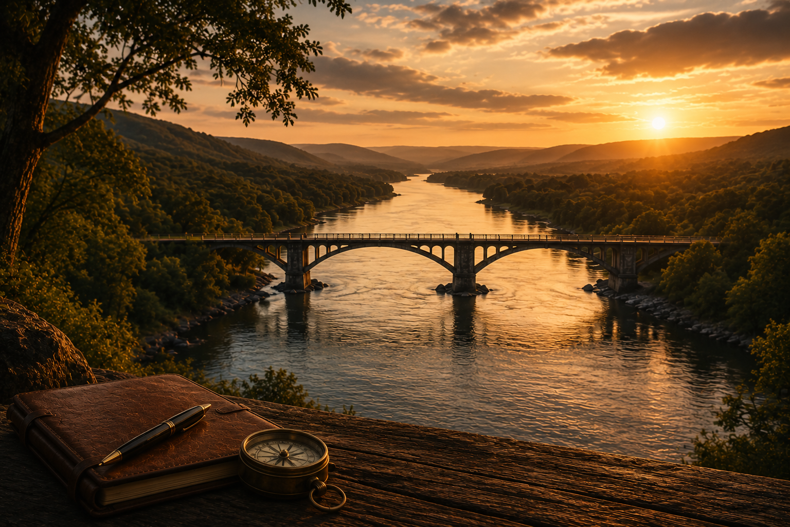 onte sobre um longo rio ao pôr do sol, com caderno, caneta e bússola em primeiro plano, simbolizando liderança, conexões humanas e construção de pontes.