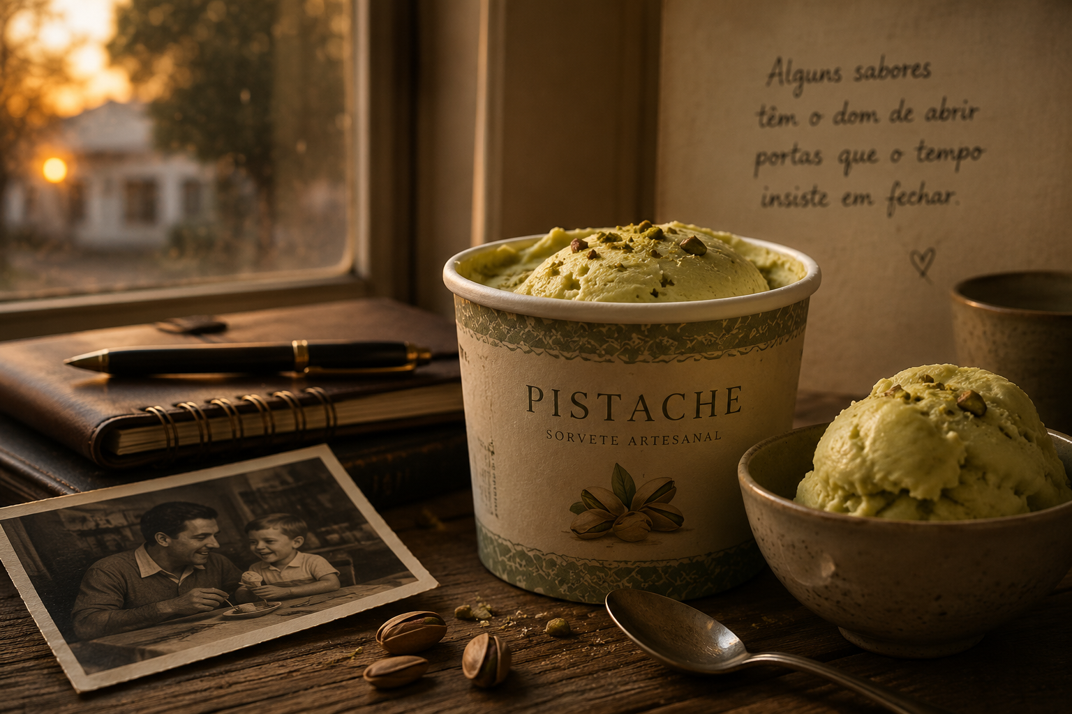 Pote de sorvete de pistache sobre uma mesa de madeira, ao lado de um caderno, uma fotografia antiga e uma colher, iluminados pela luz suave do entardecer, evocando memórias da infância e da presença da família.